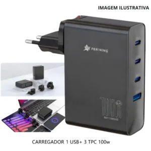 CARREGADOR GAN QUICK 100W 1 USB + 3 TPC PEI-G341-B
