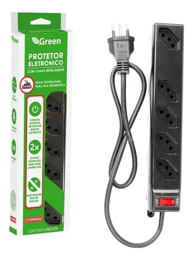 Protetor Elétrico Green 5 Tomadas Chave Inteligente 10a Bivolt Preto 127/220v